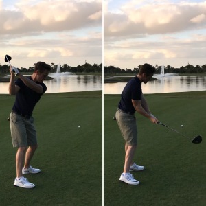 In these pictures, I am demonstrating the “rehearsal” downswing path of many Touring Professionals who tend to hook left or block the ball to the right. This exaggerated rehearsal swing resembles the downswing that would create the opposite ball flight pattern.